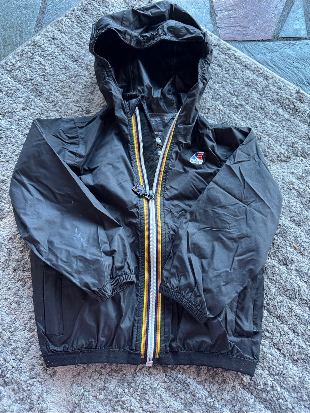 K-Way Kids Black Hooded Rain Jacket with Multicolor Stripe Zipper